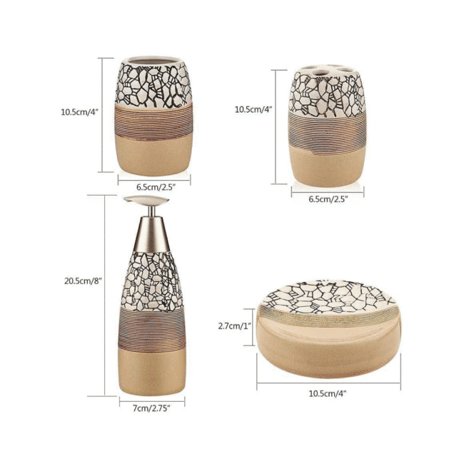 ⁦مجموعة إكسسوارات حمام من البورسلين مكونة من 4 قطع: موزع صابون، كوب، حامل فرشاة أسنان، طبق صابون - لون بيج⁩ - الصورة ⁦5⁩