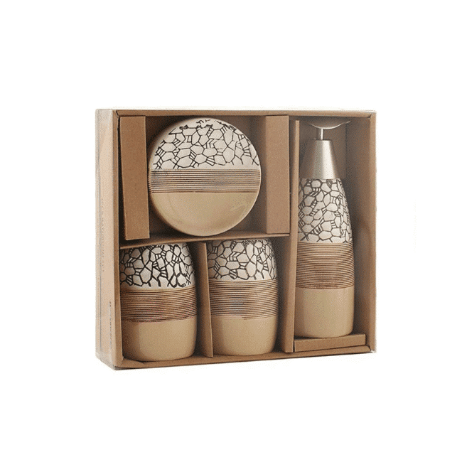 ⁦مجموعة إكسسوارات حمام من البورسلين مكونة من 4 قطع: موزع صابون، كوب، حامل فرشاة أسنان، طبق صابون - لون بيج⁩ - الصورة ⁦6⁩