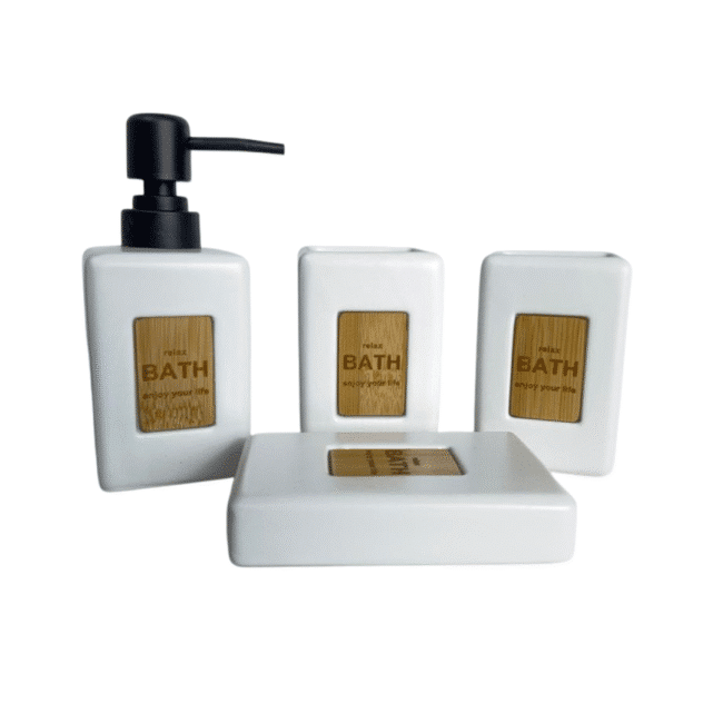 ⁦مجموعة إكسسوارات حمام من البورسلين مكونة من 4 قطع: موزع صابون، كوب، حامل فرشاة أسنان، طبق صابون - أبيض⁩ - الصورة ⁦4⁩