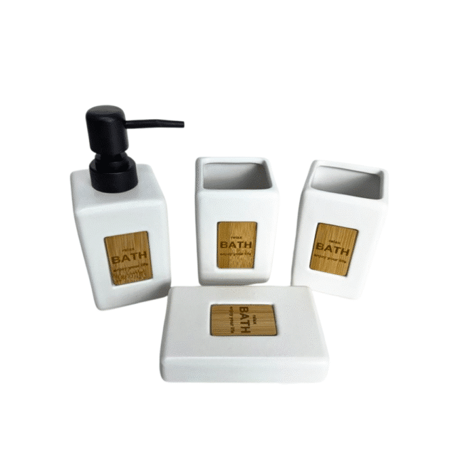 ⁦مجموعة إكسسوارات حمام من البورسلين مكونة من 4 قطع: موزع صابون، كوب، حامل فرشاة أسنان، طبق صابون - أبيض⁩ - الصورة ⁦3⁩