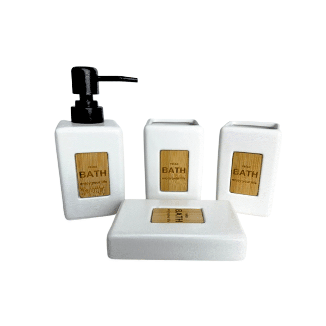 ⁦مجموعة إكسسوارات حمام من البورسلين مكونة من 4 قطع: موزع صابون، كوب، حامل فرشاة أسنان، طبق صابون - أبيض⁩ - الصورة ⁦2⁩