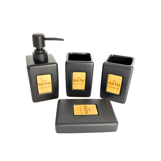 ⁦مجموعة إكسسوارات حمام من البورسلين مكونة من 4 قطع: موزع صابون، كوب، حامل فرشاة أسنان، طبق صابون - أسود غير لامع⁩ - الصورة ⁦4⁩