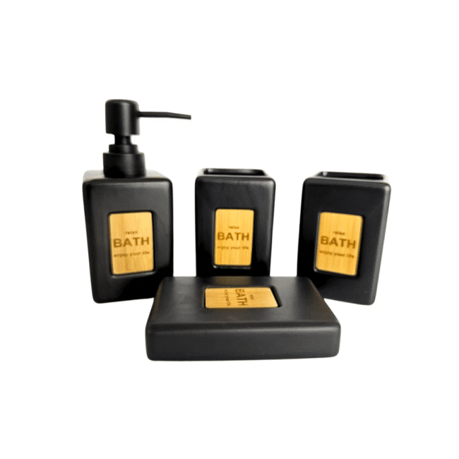 ⁦مجموعة إكسسوارات حمام من البورسلين مكونة من 4 قطع: موزع صابون، كوب، حامل فرشاة أسنان، طبق صابون - أسود غير لامع⁩ - الصورة ⁦3⁩