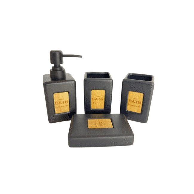 ⁦مجموعة إكسسوارات حمام من البورسلين مكونة من 4 قطع: موزع صابون، كوب، حامل فرشاة أسنان، طبق صابون - أسود غير لامع⁩ - الصورة ⁦2⁩
