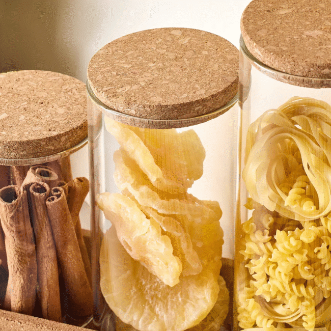 ⁦طقم برطبانات زجاجية من زجاج البورسليكات مع غطاء من الفلين (600-800-1000 مل) وصينية من الفلين⁩ - الصورة ⁦9⁩