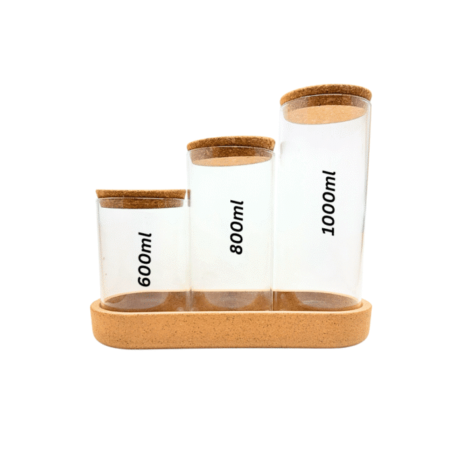 ⁦طقم برطبانات زجاجية من زجاج البورسليكات مع غطاء من الفلين (600-800-1000 مل) وصينية من الفلين⁩ - الصورة ⁦7⁩