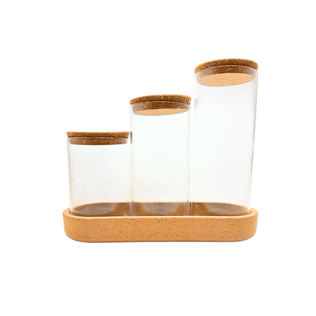 ⁦طقم برطبانات زجاجية من زجاج البورسليكات مع غطاء من الفلين (600-800-1000 مل) وصينية من الفلين⁩ - الصورة ⁦5⁩