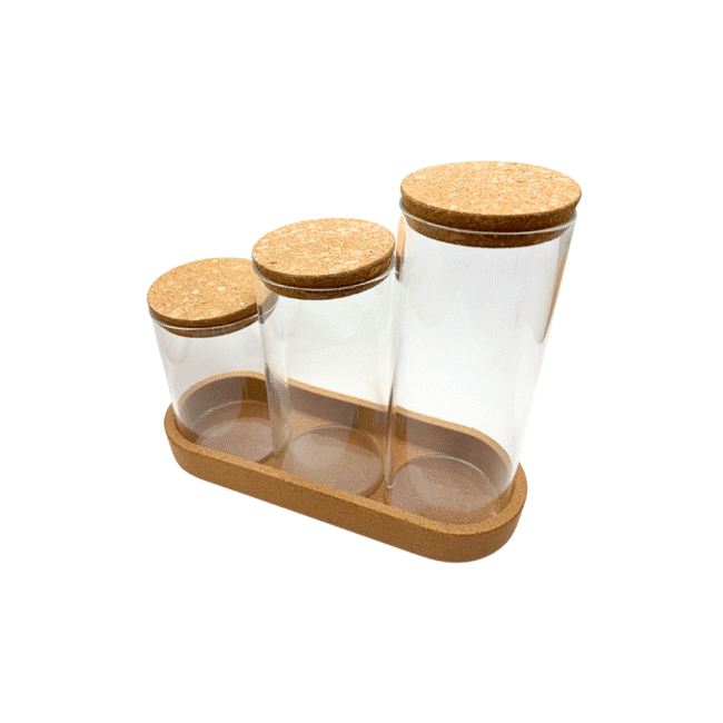 ⁦طقم برطبانات زجاجية من زجاج البورسليكات مع غطاء من الفلين (600-800-1000 مل) وصينية من الفلين⁩ - الصورة ⁦4⁩