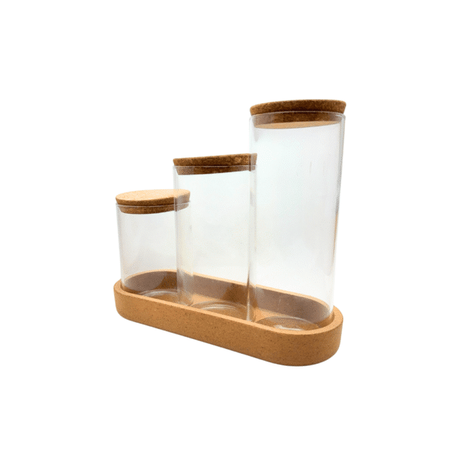 ⁦طقم برطبانات زجاجية من زجاج البورسليكات مع غطاء من الفلين (600-800-1000 مل) وصينية من الفلين⁩ - الصورة ⁦2⁩