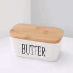 ⁦طبق زبدة من البورسلين بغطاء من الخيزران - أبيض (500 مل)⁩ - الصورة ⁦7⁩