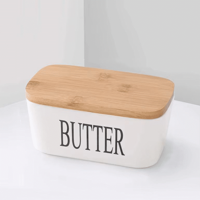 ⁦طبق زبدة من البورسلين بغطاء من الخيزران - أبيض (500 مل)⁩ - الصورة ⁦7⁩