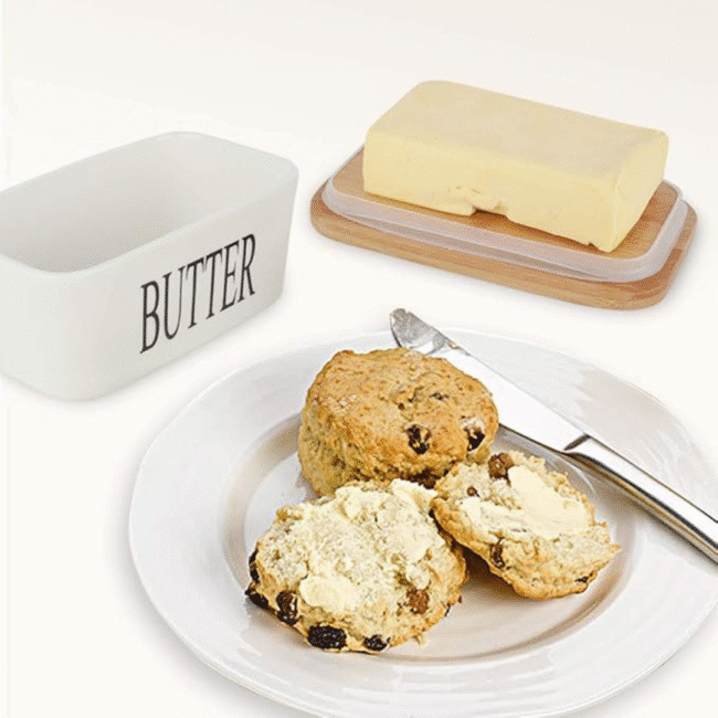 ⁦طبق زبدة من البورسلين بغطاء من الخيزران - أبيض (500 مل)⁩ - الصورة ⁦4⁩