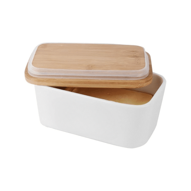 Porcelain Butter and Cheese Dish with Bamboo Lid-White(500ml) - Image 4