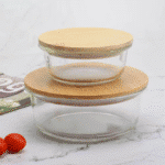 ⁦طقم بولات زجاجية عصرية من قطعتين بأغطية من الخيزران (950 مل، 660 مل) | علبة مطبخ قابلة للتكديس لتخزين الطعام المتبقي والديكور⁩ - الصورة ⁦3⁩