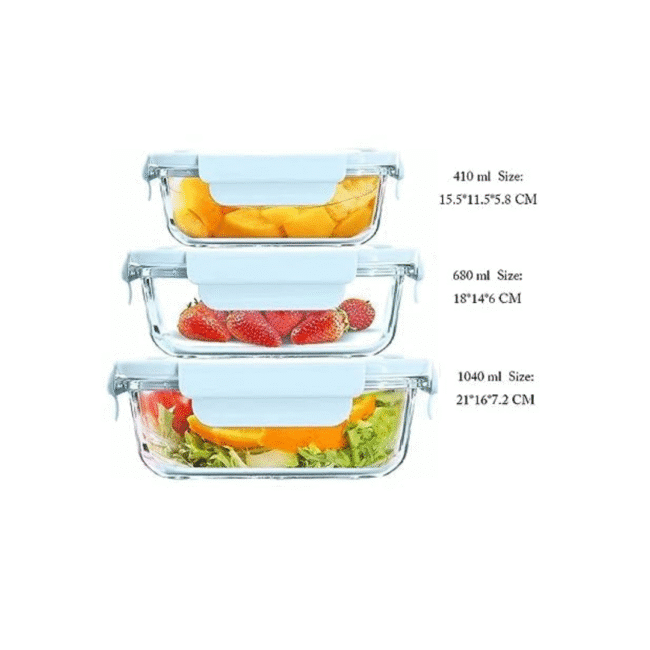 Borosilicate Glass Food Storage Containers Set with Lids Blue (1040-640-370ml)-Heat and freeze resistant - Image 3