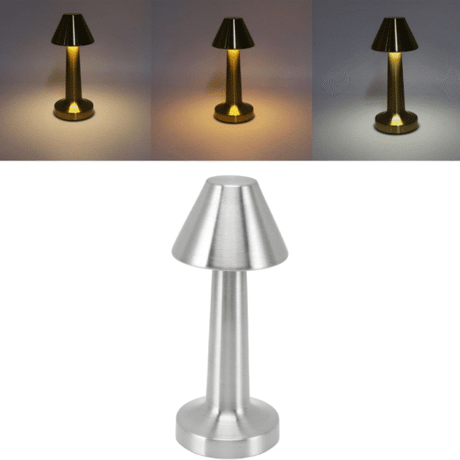 ⁦أباجورة طاولة LED محمول قابل لإعادة الشحن مع 3 خيارات للإضاءة (أبيض، أحمر، دافئ) فضي⁩ - الصورة ⁦4⁩