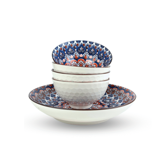 Porcelain Salad and Soup Bowls 5PCS Set ( 4Deep Bowls12CM + 1Plate 21Cm) Shape 2 - Image 2