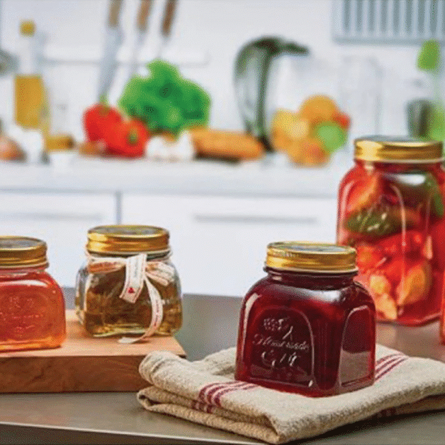 Pasabahce Square Homemade Glass Jar 500ml | Vintage Gold Lid Kitchen Canister for Jam, Pickles, Spices & Dry Goods - Image 2