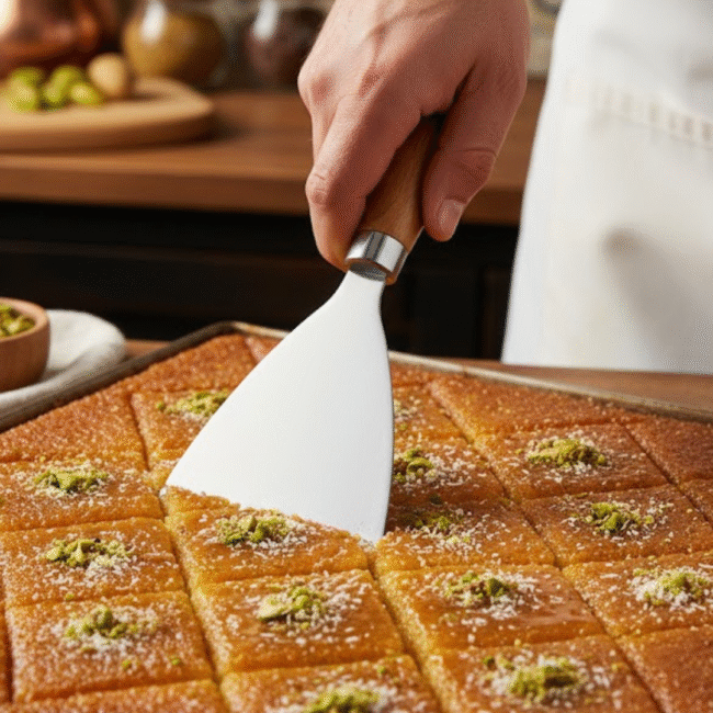 Dessert Cutter & Server 21×9 cm – Stainless Steel Blade with Wooden Handle – Perfect for Basbousa, Cake & Middle Eastern Sweets - Image 2