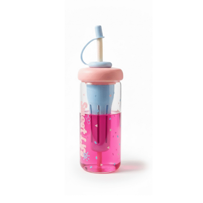 Glass Detox Water and Juice Bottle with Straw and Twisted Cover – 650 ml-Pink - Image 2