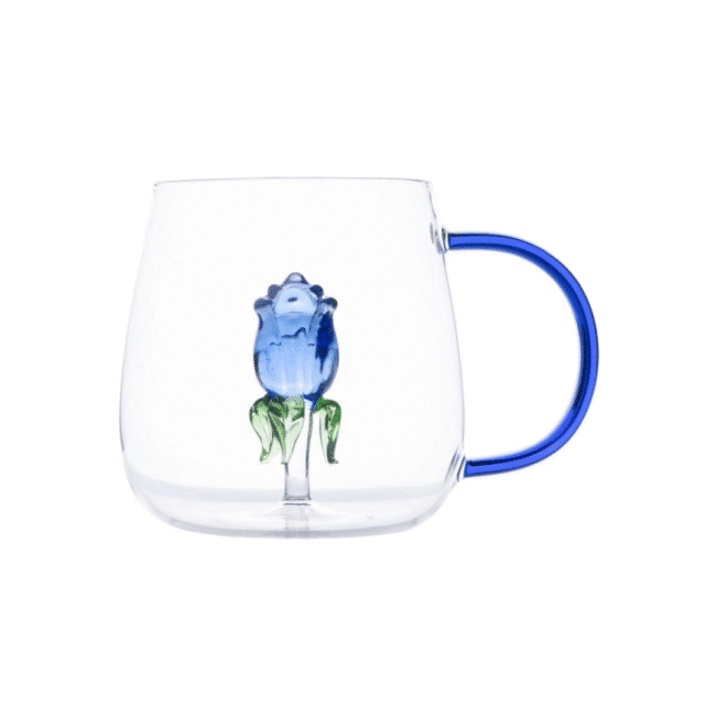 Glass Mug Blue Flower 3D Tea and Coffee Heat Resistant Borosilicate Glass With Handle – 400ml - Image 2