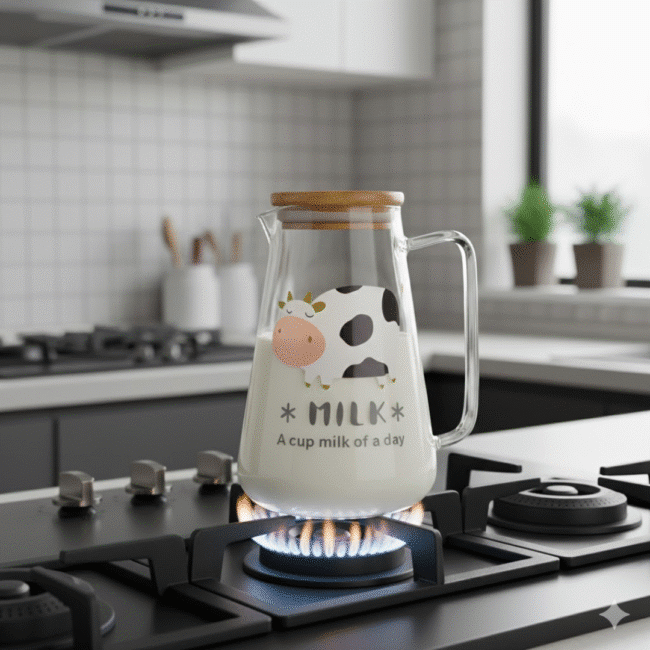 Heat Resistant Glass Milk Pot 750ml with Bamboo Cover and Glass Handle cow shape - Image 3