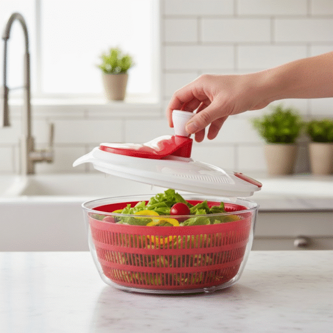 ⁦مصفاة تجفيف السلطة الكبيرة من داني هوم– مقاس 24.3 × 20.5 سم – جهاز تجفيف السلطة السريع بزر دوران يدوي مع سلة داخلية قابلة للإزالة ووعاء كبير شفاف للتقديم⁩ - الصورة ⁦2⁩