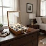 ⁦صندوق ساعات من الجلد البني - منظم بـ 15 فتحة للساعات والساعات الذكية والإكسسوارات⁩ - الصورة ⁦2⁩