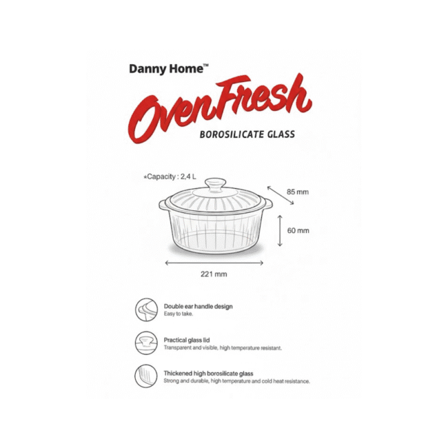 ⁦طاجن زجاجي بوروسيليكات من داني هوم بسعة 2.4 لتر مع غطاء زجاجي⁩ - الصورة ⁦3⁩