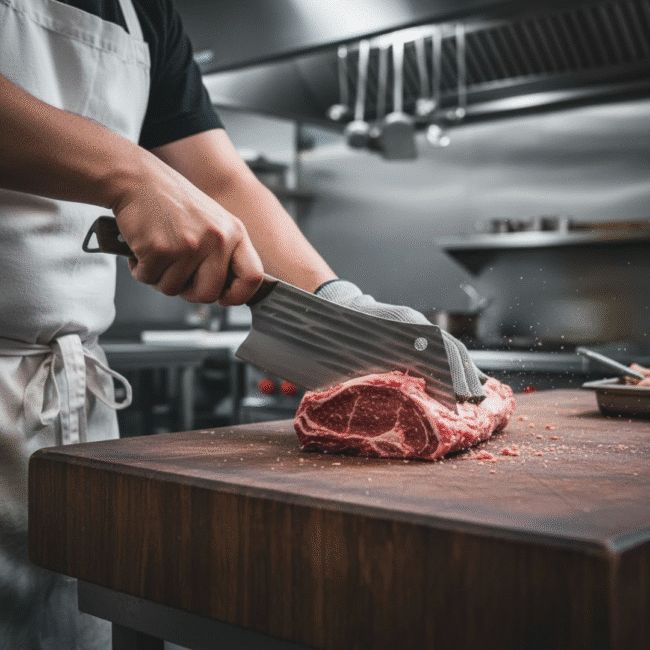 ⁦ساطور مطبخ احترافي لتقطيع اللحم والعظم – شفرة فولاذية منقوشة عالية القوة + مقبض خشبي مريح – طول 32 سم⁩ - الصورة ⁦3⁩