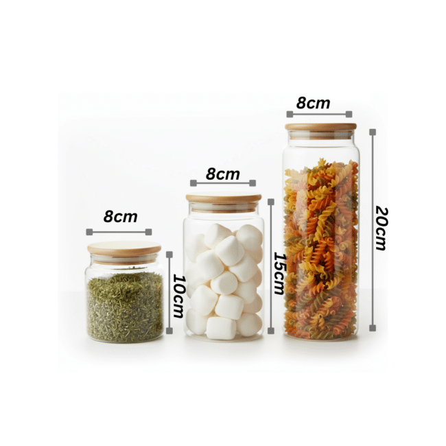 Borosilicate Glass Storage Jar Set with Airtight Bamboo Lids – 3 Pieces (1000ml / 750ml / 500ml) - Image 3