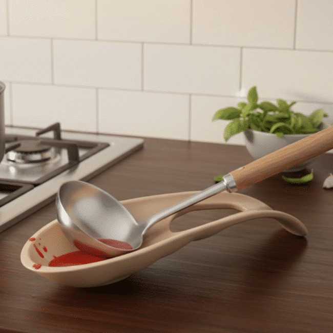 ⁦حامل مغرفة وملعقة لسطح الموقد والكاونتر، صينية تقطير مقاومة للحرارة للمغارف والملاعق وأدوات الطهي، غير قابل للانزلاق وسهل التنظيف، لون رمادي.<br> <br> <br> <br> <br>⁩ - الصورة ⁦2⁩
