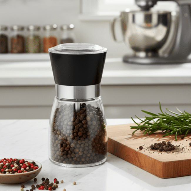 ⁦مطحنة فلفل داني هوم 170 مل - مطحنة فلفل يدوية بهيكل زجاجي وغطاء من الفولاذ المقاوم للصدأ، مطحنة توابل قابلة للتعديل للفلفل الأسود والتوابل الجافة⁩ - الصورة ⁦3⁩