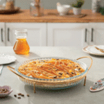 Borcam Round Glass Oven Dish with Gold Metal Stand 31.9cm 2.95 L– Heat-Resistant Glass Serving Bakeware (Turkey Made) - Image 2