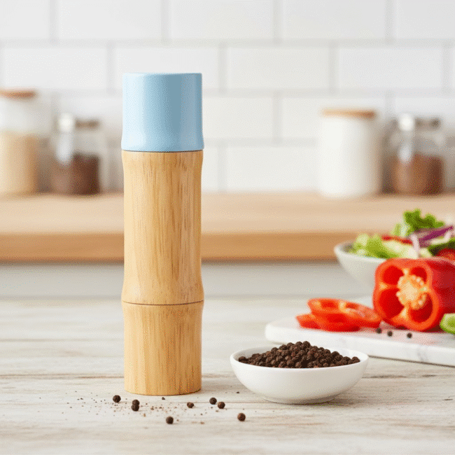 ⁦مطحنة توابل وملح وفلفل من الخيزران الطبيعي بارتفاع 20 سم مع آلية طحن قابلة للتعديل⁩ - الصورة ⁦2⁩