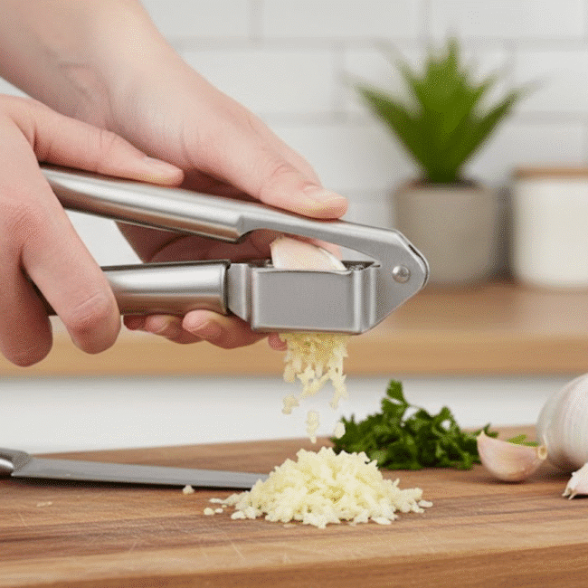 ⁦هراسة ثوم ستانلس ستيل فاخرة – أداة قوية لهرس الثوم بسهولة وسرعة في المطبخ⁩ - الصورة ⁦2⁩