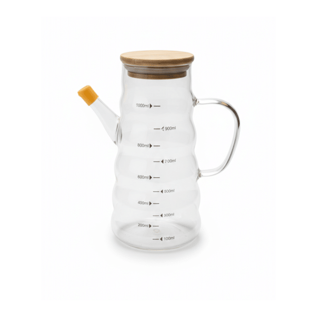 ⁦زجاجة توزيع زيت زجاجية مع مقياس قياس سعة 1 لتر - موزع زيت زيتون وخل بمقبض، وفوهة مانعة للتنقيط، وغطاء من الخيزران، وزجاج مقاوم للحرارة⁩ - الصورة ⁦2⁩