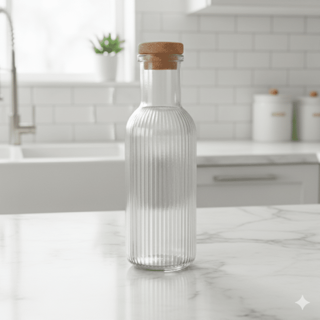 ⁦زجاجة ماء زجاجية - 1 لتر | تصميم رمادي مضلع مع غطاء من الفلين⁩ - الصورة ⁦2⁩