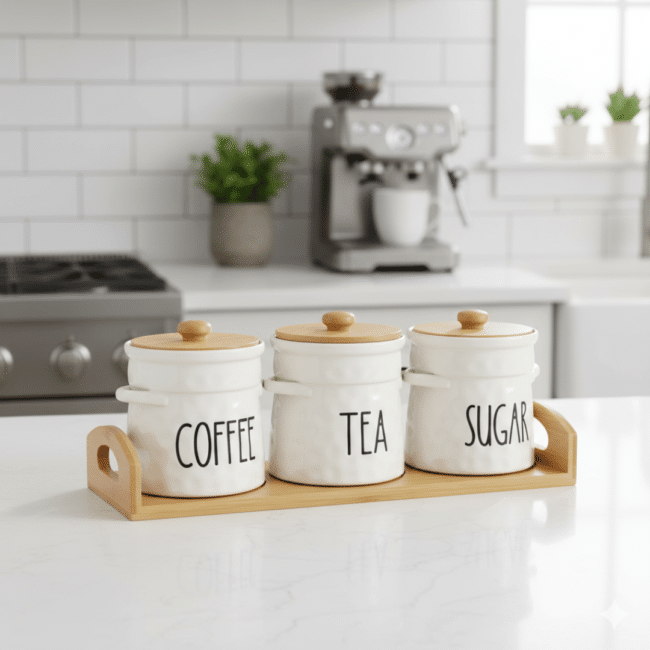 ⁦طقم برطمانات تخزين من البورسلين للقهوة والشاي والسكر – مع أغطية وصينية من الخيزران⁩ - الصورة ⁦4⁩