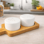 Danny Home Acacia Salt and Pepper Shaker Set – Ceramic Salt & Pepper Pots with Wooden Acacia Tray, Modern Table Seasoning Set (16.5cm x 7cm) - Image 4