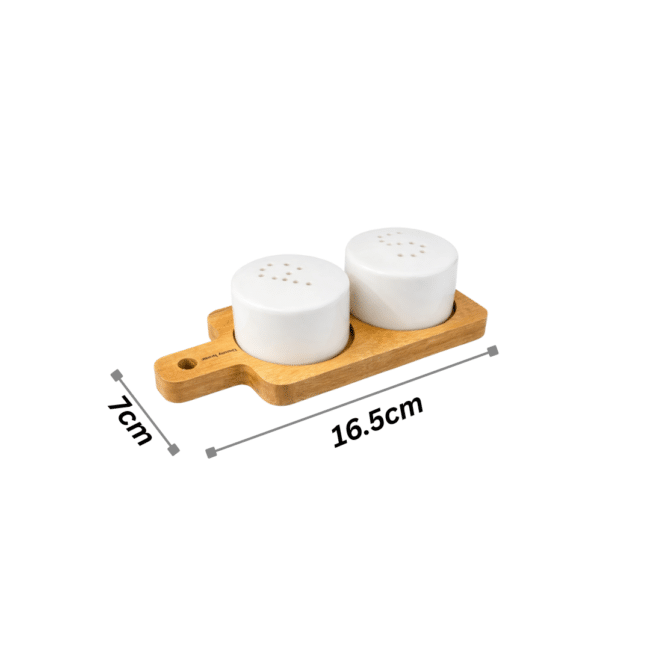 Danny Home Acacia Salt and Pepper Shaker Set – Ceramic Salt & Pepper Pots with Wooden Acacia Tray, Modern Table Seasoning Set (16.5cm x 7cm) - Image 3