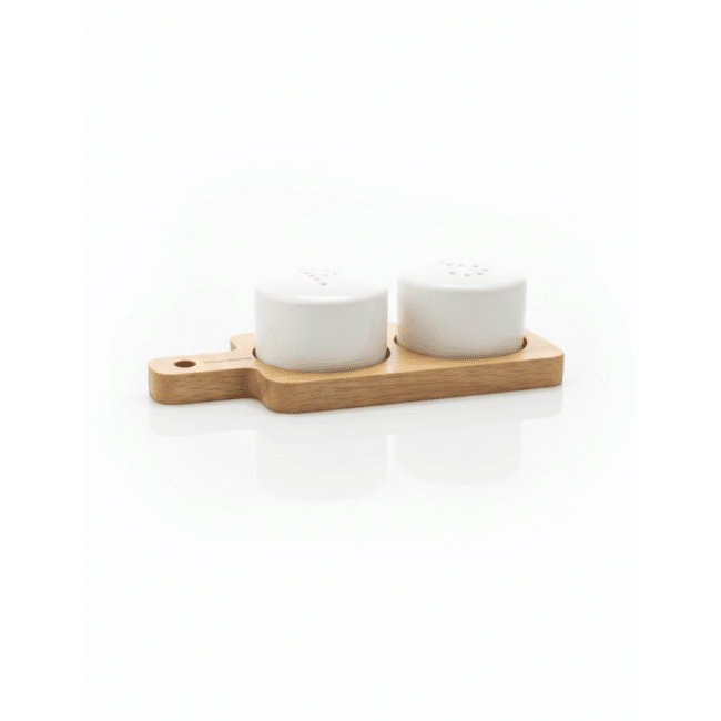 Danny Home Acacia Salt and Pepper Shaker Set – Ceramic Salt & Pepper Pots with Wooden Acacia Tray, Modern Table Seasoning Set (16.5cm x 7cm) - Image 2