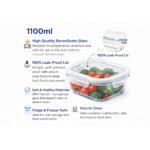 Danny Home 1100ml Borosilicate Square Glass Food Storage Container with Leak-Proof Lid – Oven & Microwave Safe (Lid Removed) - Image 2