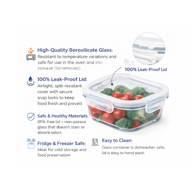 Danny Home 500ml Borosilicate Square Glass Food Storage Container with Leak-Proof Lid – Oven & Microwave Safe (Lid Removed) - Image 3