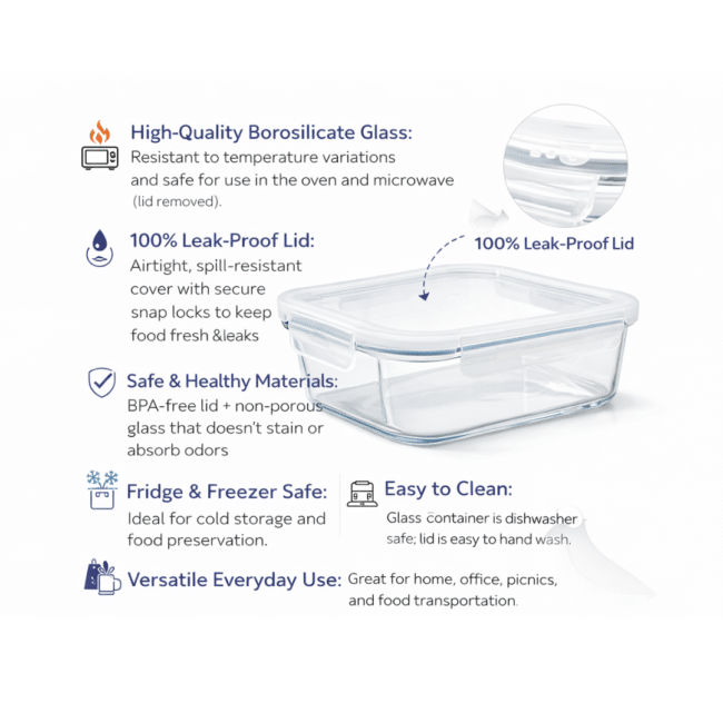 Danny Home 630ml Borosilicate Rectangle Glass Food Storage Container with Leak-Proof Lid – Oven & Microwave Safe (Lid Removed) - Image 3