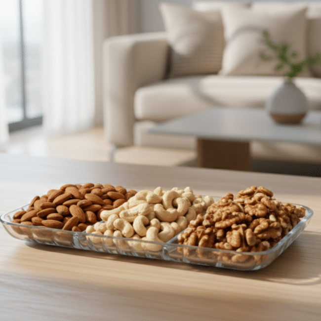 ⁦طبق تقديم زجاجي أنيق مقسم من باشاباشي، 27.6 × 16.2 سم - صينية تقديم مستطيلة شفافة مقسمة للمكسرات والوجبات الخفيفة والفواكه والمقبلات - صنع في تركيا⁩ - الصورة ⁦4⁩