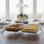 Borcam Double Rectangular Glass Casserole with Silver Stand 33 × 19 cm – Heat Resistant Oven-to-Table Bakeware Set, Clear Glass Serving Dish – Made in Turkey - Image 2