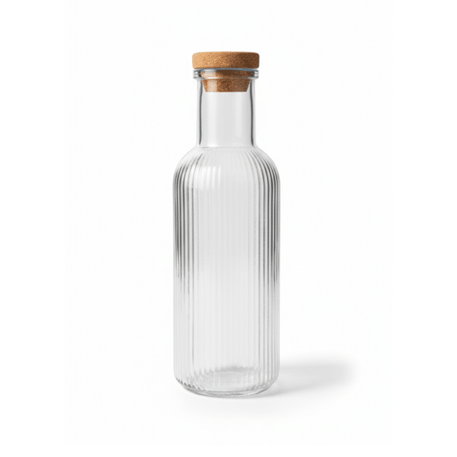 Glass Water Bottle 1 Liter with Natural Cork Lid – Reusable Clear Vertical Ribbed Glass Drinking Bottle, Leak-Resistant - Image 2