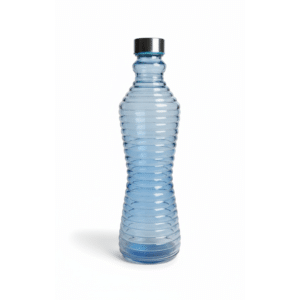 Leak Proof Glass Water Bottle 1 Liter – Blue Ribbed Glass Bottle with Twist Lid,