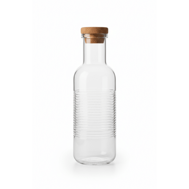 Glass Water Bottle 1 Liter with Natural Cork Lid – Reusable Clear Ribbed Glass Drinking Bottle, Leak-Resistant - Image 2